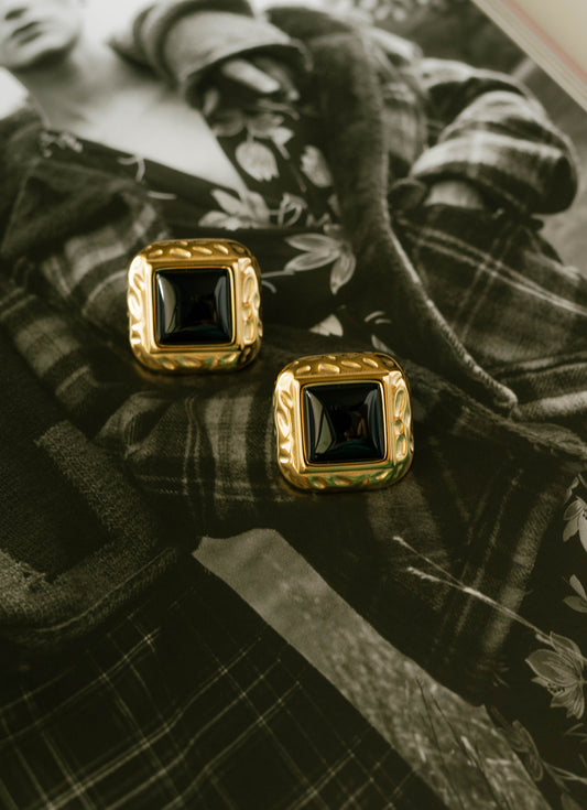 Black Onyx Square Stud Earrings