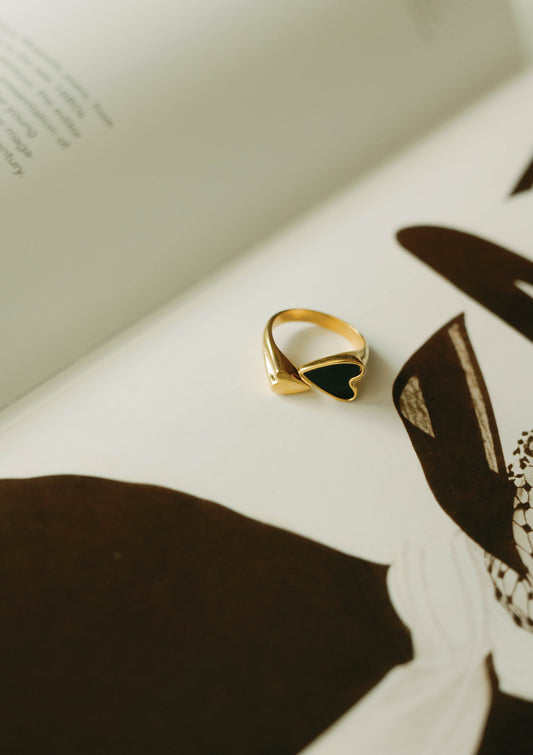 Double Heart Ring β Gold, Black Enamel