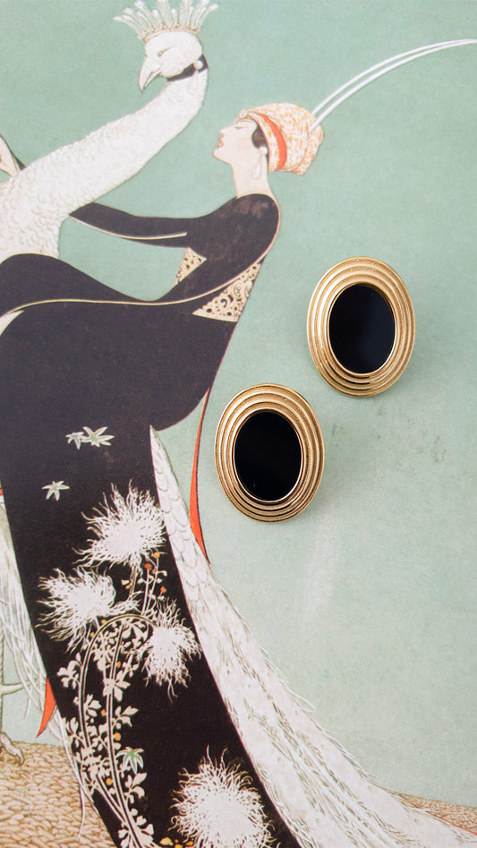 Oval Ribbed Black Statement Stud Earrings